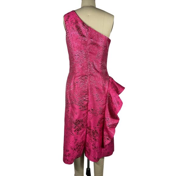 Teri Jon Jacquard Hot Pink One Shoulder Ruffle Dress Size 6 - Picture 3 of 6